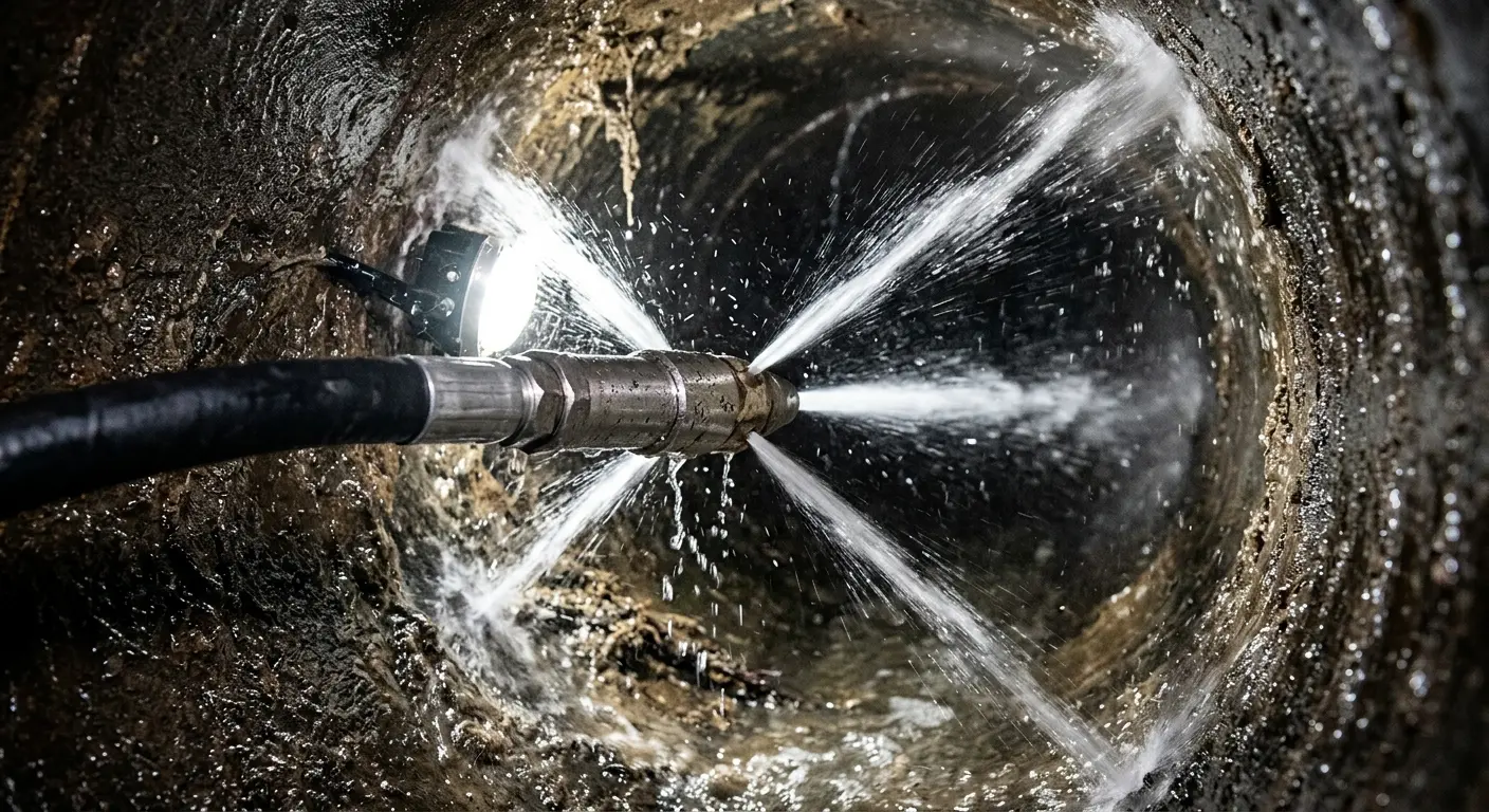 High-pressure hydro jetting nozzle cleaning sewer pipe for Emergency Drain Service in Park City