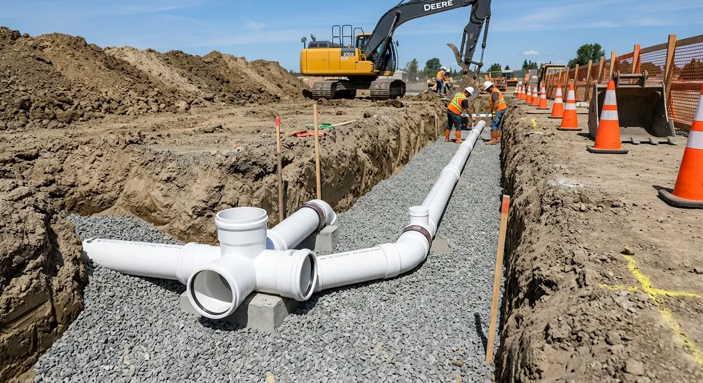 New PVC sewer pipe installation in open trench for Grease Trap Cleaning in Park City
